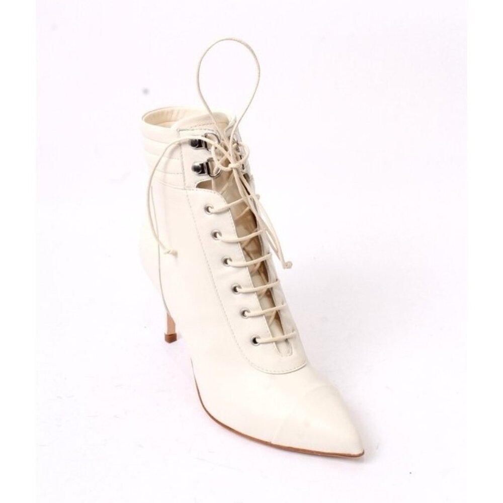 Fucsia 813c Beige Leather Lace-Up Zip-Up Ankle Pointy Heel Bootie